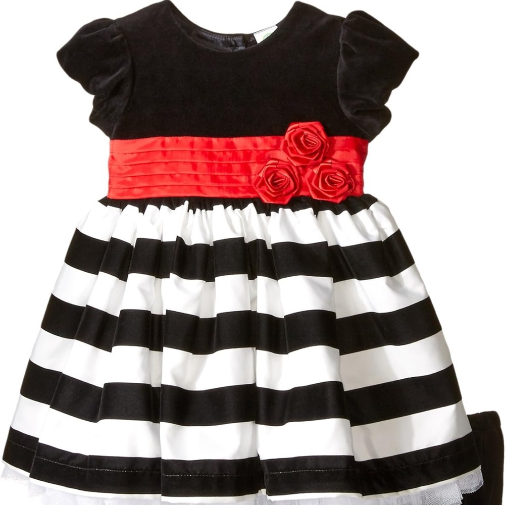 NWT Little Me Black and White Dress With Red Ribbon Sash, Size 24 Months